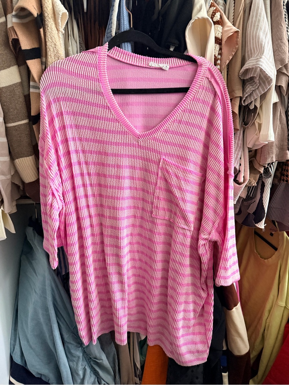 Pink Striped V-Neck Women’s Top with Pocket